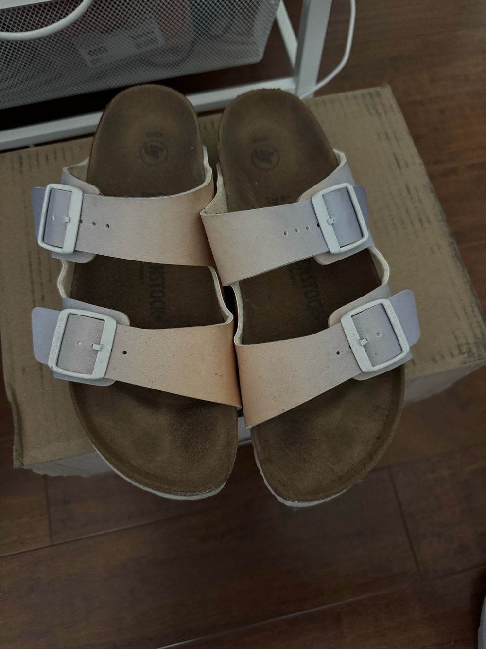 Birkenstock Two-Strap Sandals in Pale orange and purple with White Buckles